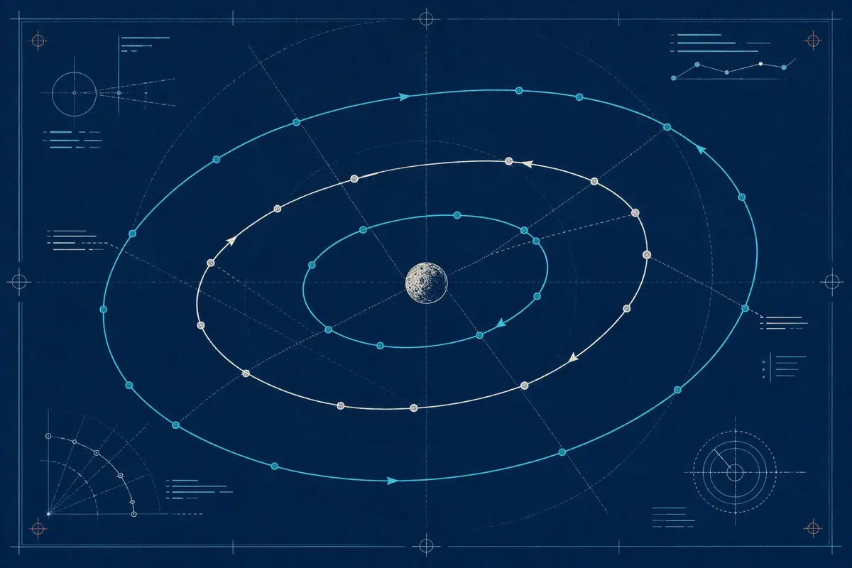 Three measured orbital paths drawn as sequential replay checkpoints on blue drafting paper